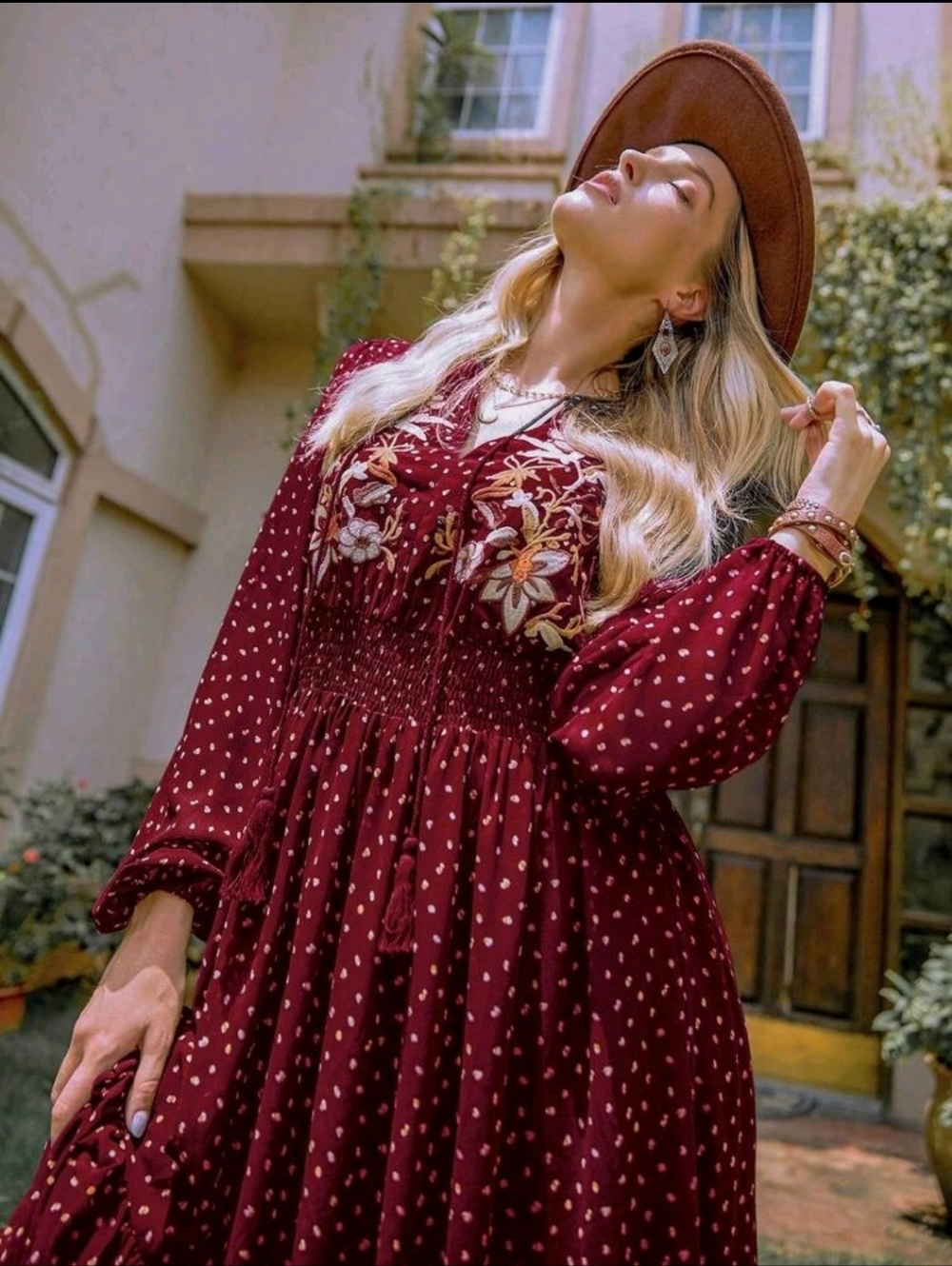 Women's Burgundy Long Sleeve Boho Maxi Dress - Picture 6 of 14